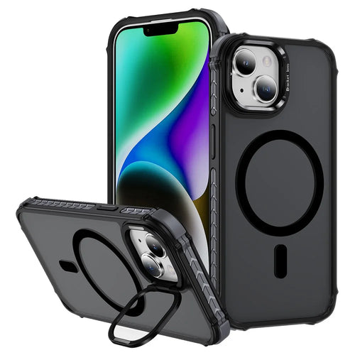 For iPhone 14 Case with Lens Kickstand Matte Back Cover Compatible with MagSafe - Black - 1
