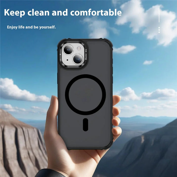 For iPhone 14 Case with Lens Kickstand Matte Back Cover Compatible with MagSafe - Black - 4