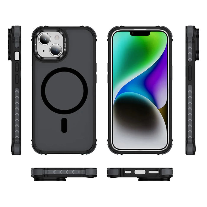 For iPhone 14 Case with Lens Kickstand Matte Back Cover Compatible with MagSafe - Black - 5