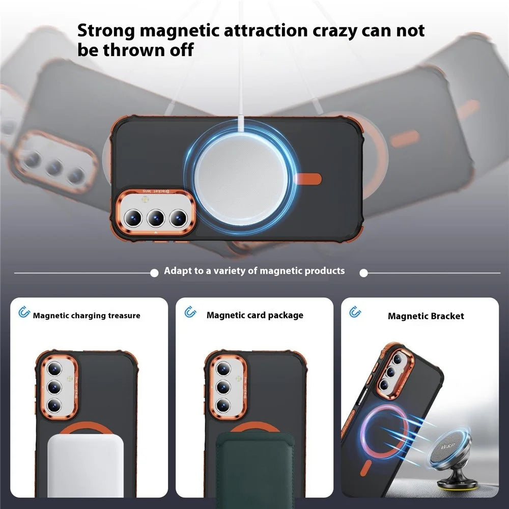 For Samsung Galaxy S24+ Case with Lens Kickstand Matte Back Cover Magnetic Case - Orange - 2
