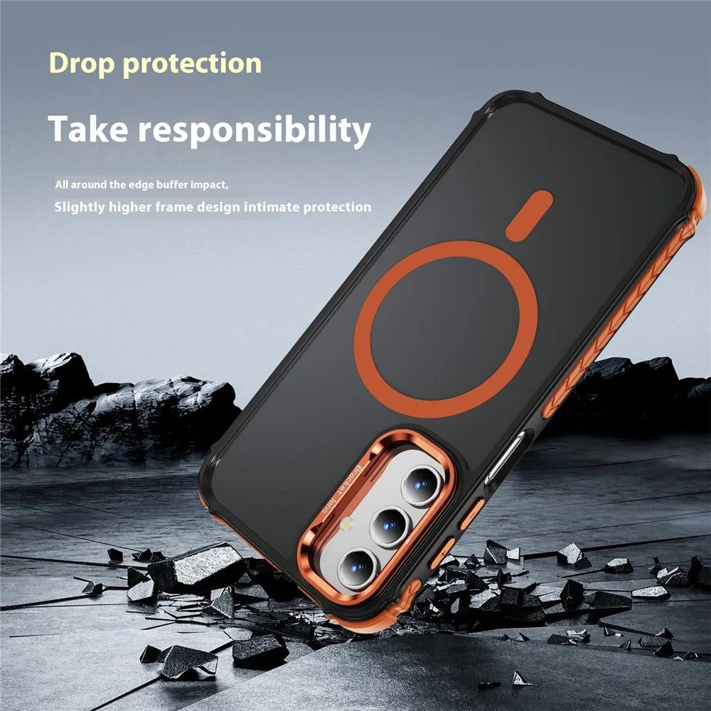 For Samsung Galaxy S24+ Case with Lens Kickstand Matte Back Cover Magnetic Case - Orange - 5