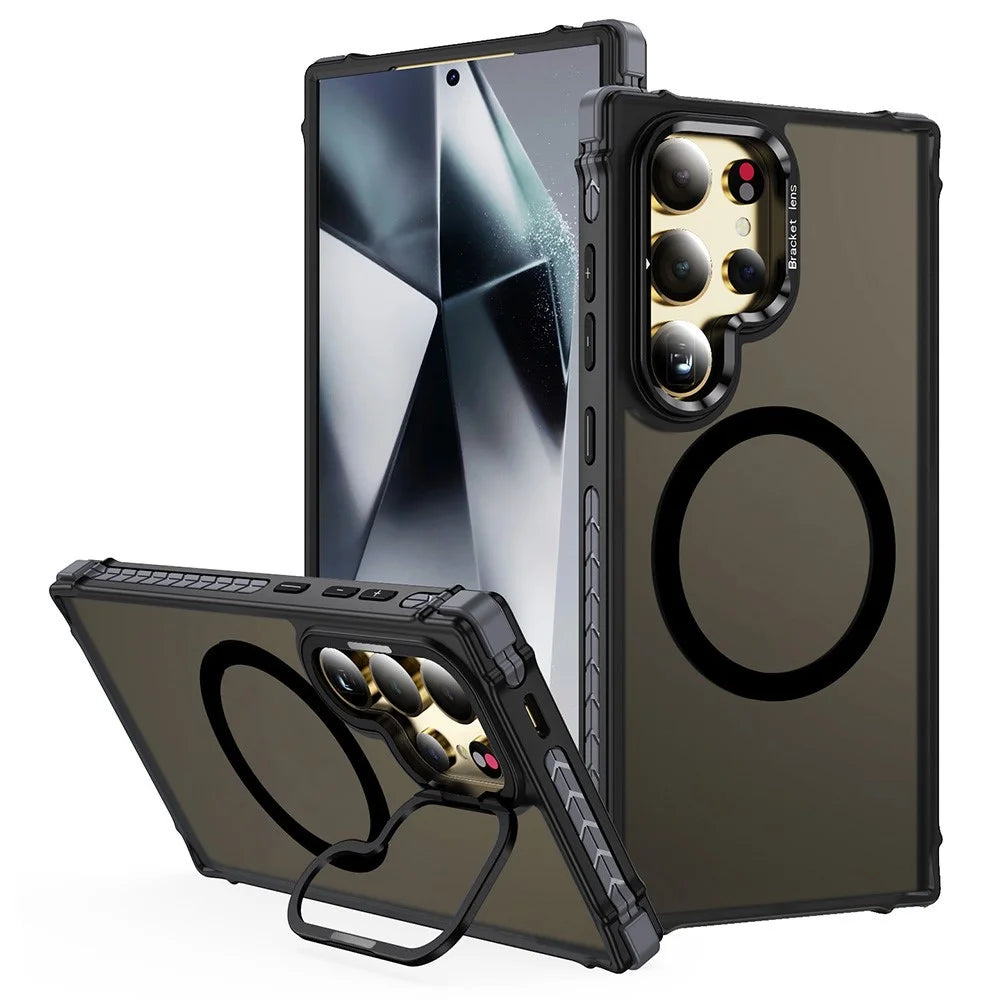 For Samsung Galaxy S23 Ultra Case with Lens Kickstand Matte Back Cover Magnetic Case - Black - 1