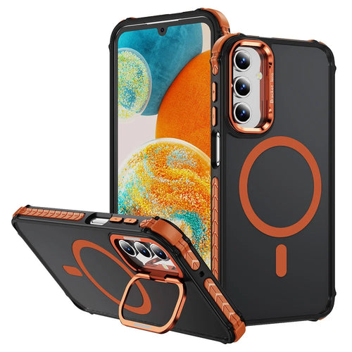 For Samsung Galaxy S24 Case with Lens Kickstand Matte Back Cover Magnetic Case - Orange - 1