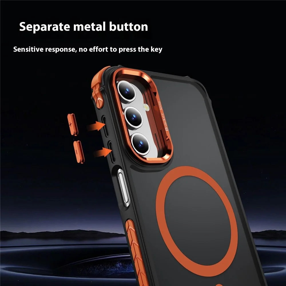 For Samsung Galaxy S24 Case with Lens Kickstand Matte Back Cover Magnetic Case - Orange - 3