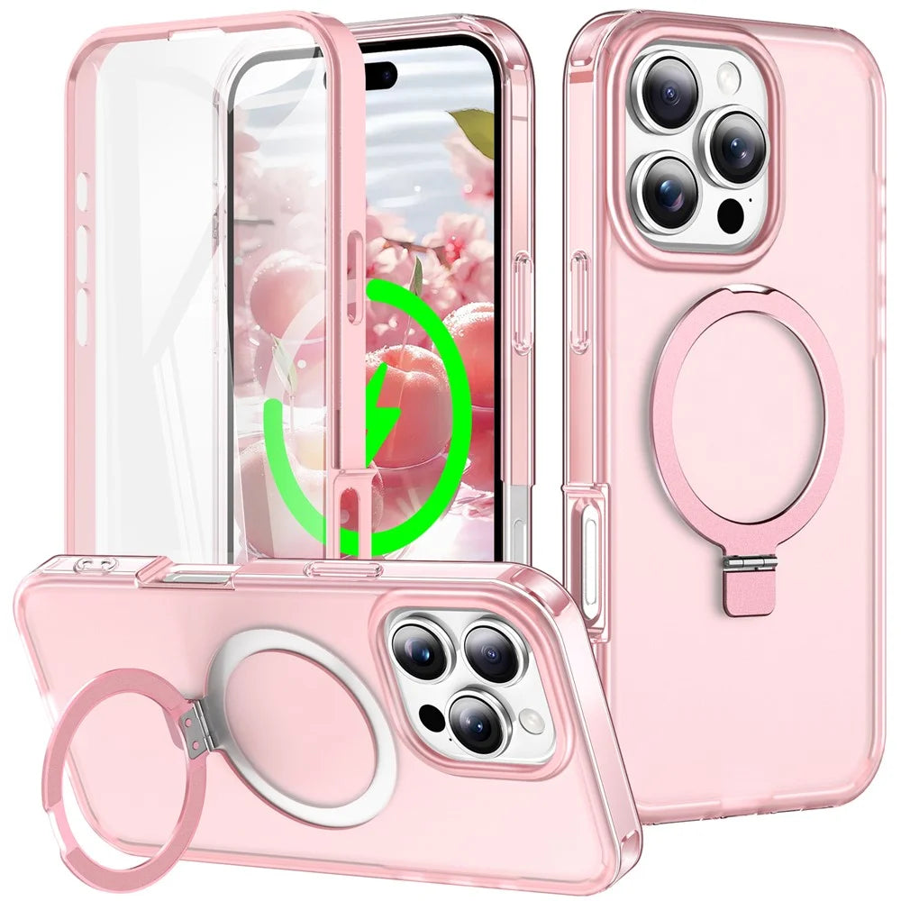 For iPhone 16 Pro Case Frosted TPU+PC Phone Cover with Magnetic Kickstand PET Screen Protector Compatible with MagSafe - Pink - 1