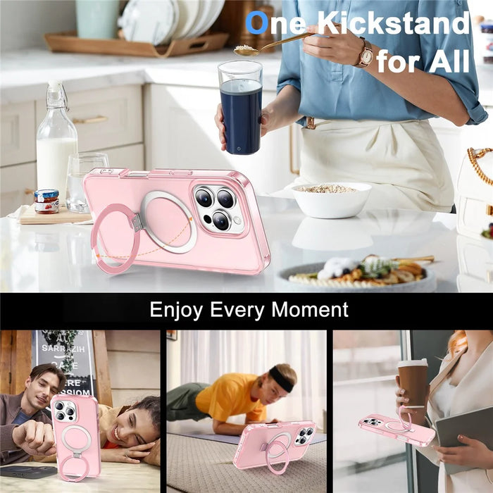 For iPhone 16 Pro Case Frosted TPU+PC Phone Cover with Magnetic Kickstand PET Screen Protector Compatible with MagSafe - Pink - 6
