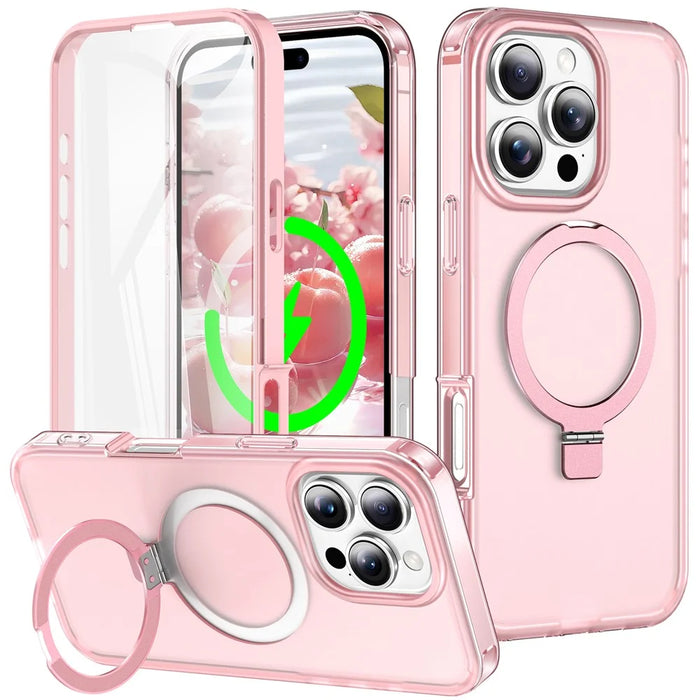 For iPhone 16 Pro Max Case Frosted TPU+PC Phone Cover with Magnetic Kickstand PET Screen Protector Compatible with MagSafe - Pink - 1