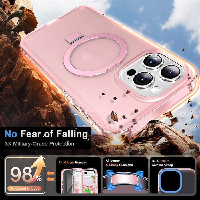 For iPhone 16 Pro Max Case Frosted TPU+PC Phone Cover with Magnetic Kickstand PET Screen Protector Compatible with MagSafe - Pink - 3