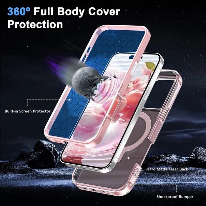 For iPhone 16 Pro Max Case Frosted TPU+PC Phone Cover with Magnetic Kickstand PET Screen Protector Compatible with MagSafe - Pink - 4