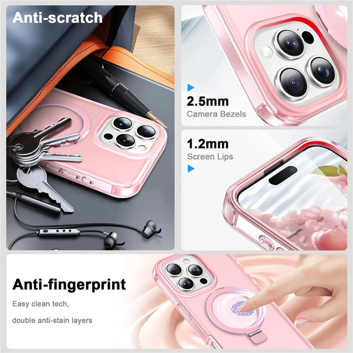 For iPhone 16 Pro Max Case Frosted TPU+PC Phone Cover with Magnetic Kickstand PET Screen Protector Compatible with MagSafe - Pink - 5