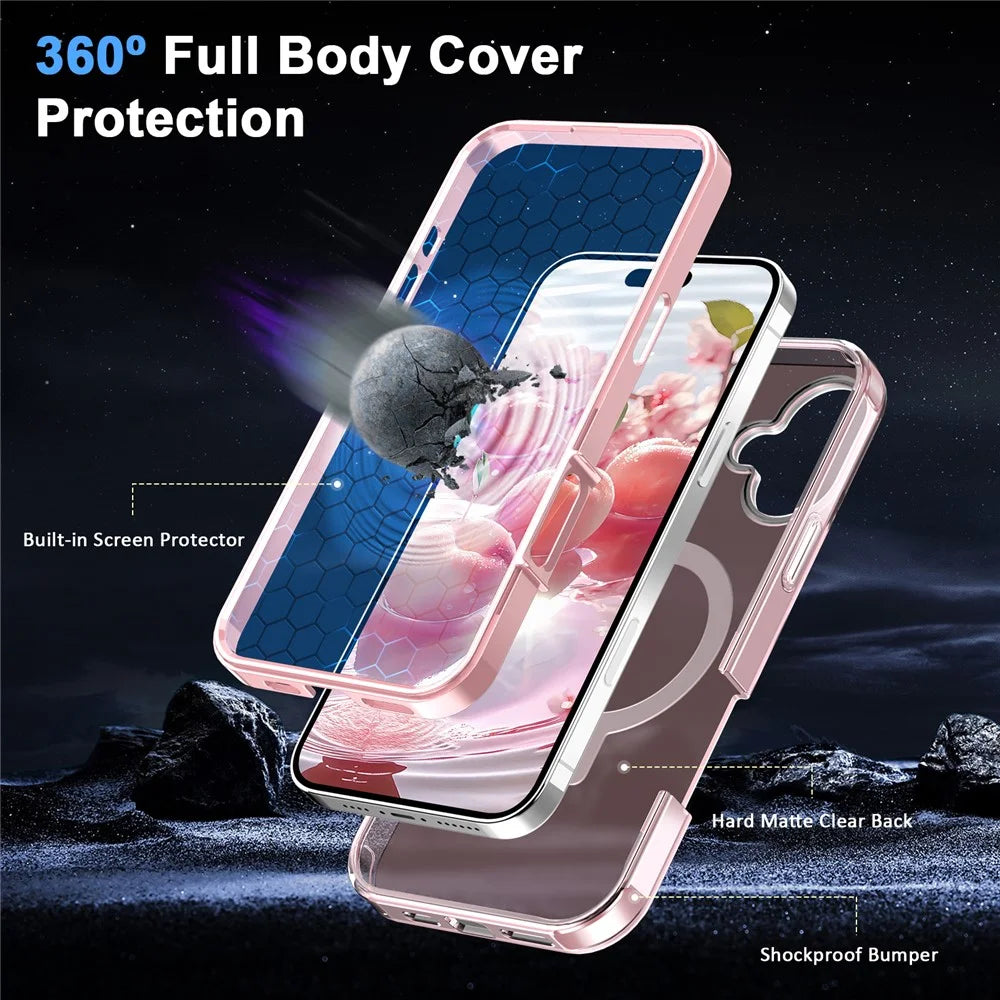 For iPhone 16 Case Frosted TPU+PC Phone Cover with Magnetic Kickstand PET Screen Protector Compatible with MagSafe - Pink - 4