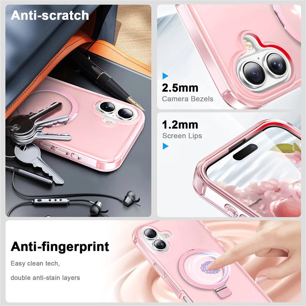 For iPhone 16 Case Frosted TPU+PC Phone Cover with Magnetic Kickstand PET Screen Protector Compatible with MagSafe - Pink - 5