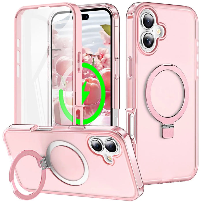 For iPhone 16 Plus Case Frosted TPU+PC Phone Cover with Magnetic Kickstand PET Screen Protector Compatible with MagSafe - Pink - 1