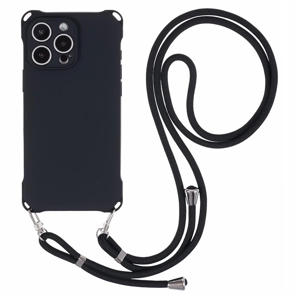 For iPhone 16 Pro Max Case Four Corner Anti Drop TPU Phone Cover with 150cm Hanging Rope - Black - 1