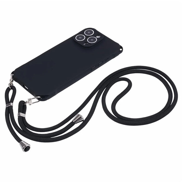 For iPhone 16 Pro Max Case Four Corner Anti Drop TPU Phone Cover with 150cm Hanging Rope - Black - 2
