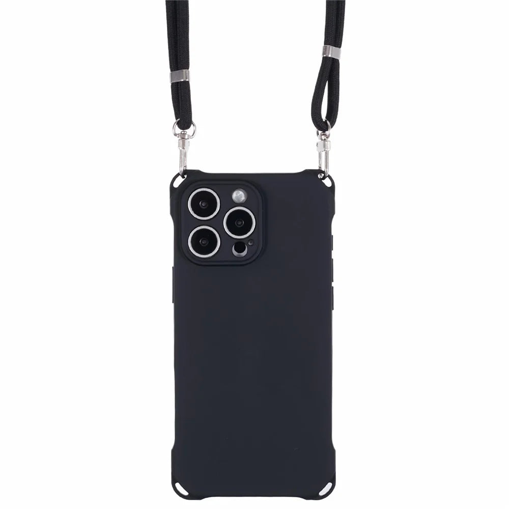 For iPhone 16 Pro Case Four Corner Anti Drop TPU Phone Cover with 150cm Hanging Rope - Black - 4