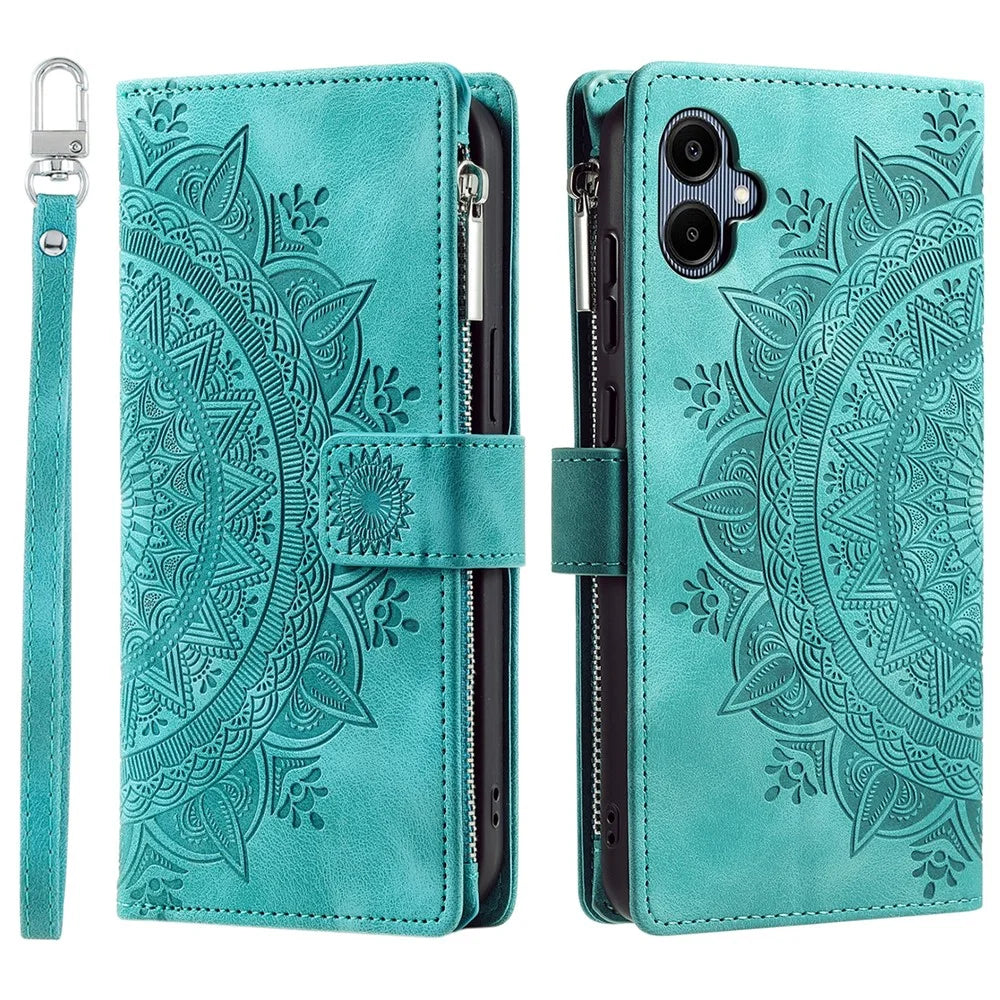 Style 006 For Samsung Galaxy A06 4G Wallet Case PU Leather Phone Cover Mandala Flower Pattern - Mint Green - 1