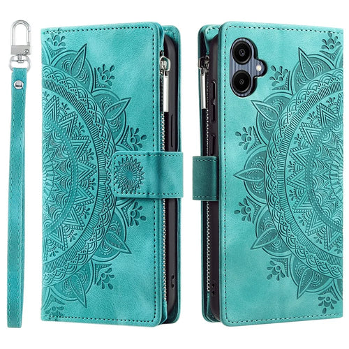 Style 006 For Samsung Galaxy A06 4G Wallet Case PU Leather Phone Cover Mandala Flower Pattern - Mint Green - 1