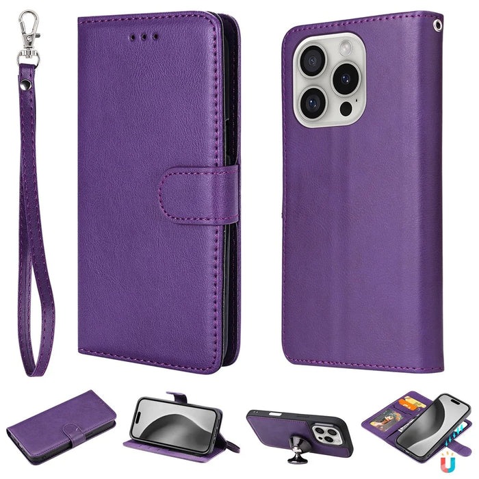 For iPhone 16 Pro Case 2 in 1 Detachable Magnetic Leather Wallet Mobile Cover with Strap - Purple - 1