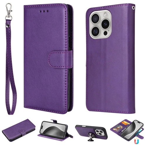 For iPhone 16 Pro Max Case 2 in 1 Detachable Magnetic Leather Wallet Mobile Cover with Strap - Purple - 1