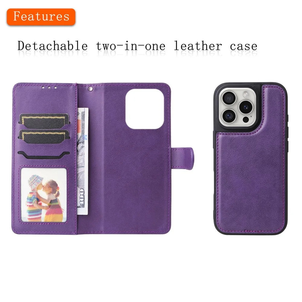 For iPhone 16 Pro Max Case 2 in 1 Detachable Magnetic Leather Wallet Mobile Cover with Strap - Purple - 4
