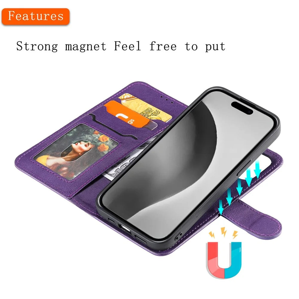 For iPhone 16 Pro Max Case 2 in 1 Detachable Magnetic Leather Wallet Mobile Cover with Strap - Purple - 5