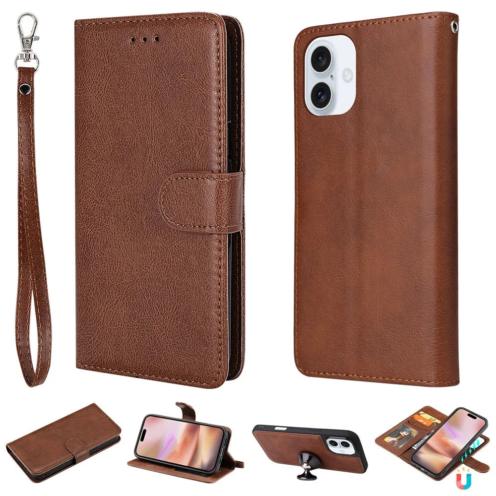 For iPhone 16 Plus Case 2 in 1 Detachable Magnetic Leather Wallet Mobile Cover with Strap - Brown - 1