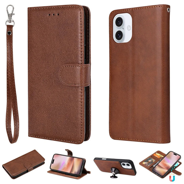 For iPhone 16 Plus Case 2 in 1 Detachable Magnetic Leather Wallet Mobile Cover with Strap - Brown - 1
