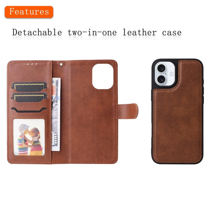 For iPhone 16 Plus Case 2 in 1 Detachable Magnetic Leather Wallet Mobile Cover with Strap - Brown - 4