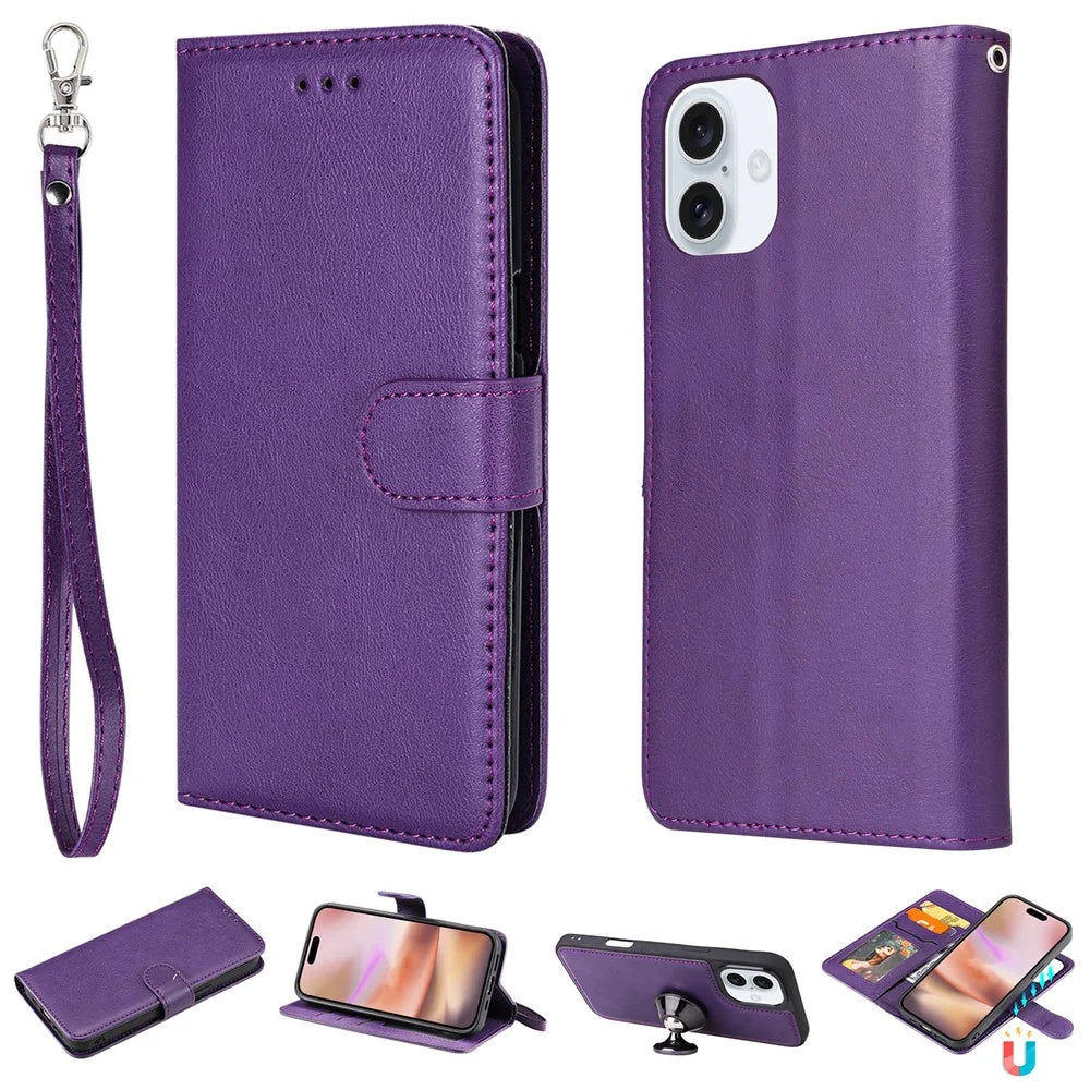For iPhone 16 Case 2 in 1 Detachable Magnetic Leather Wallet Mobile Cover with Strap - Purple - 1