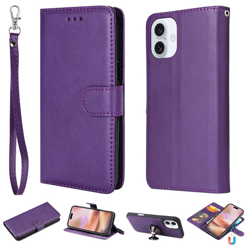 For iPhone 16 Case 2 in 1 Detachable Magnetic Leather Wallet Mobile Cover with Strap - Purple - 1