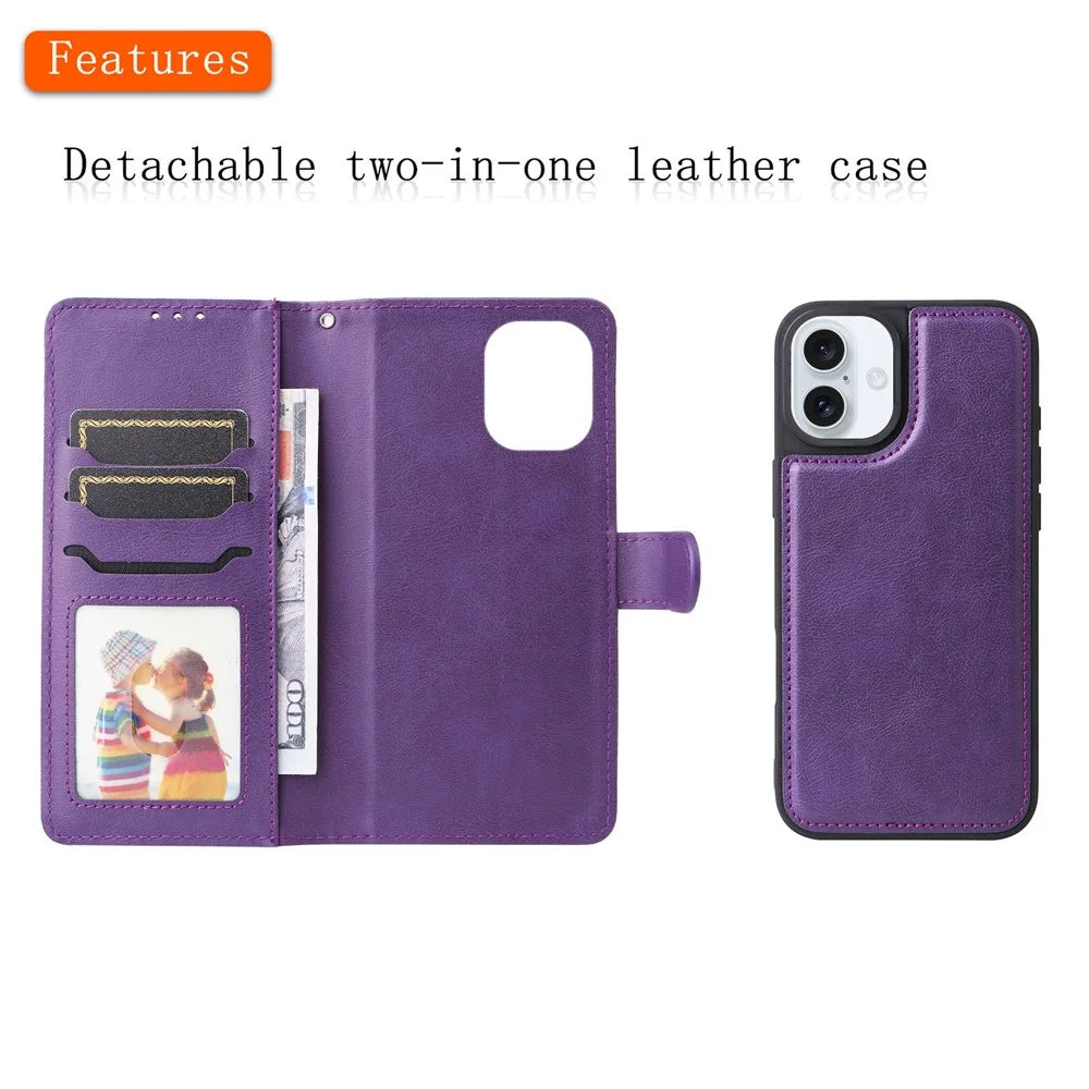 For iPhone 16 Case 2 in 1 Detachable Magnetic Leather Wallet Mobile Cover with Strap - Purple - 4