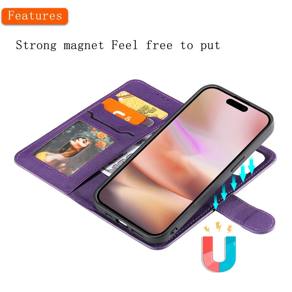 For iPhone 16 Case 2 in 1 Detachable Magnetic Leather Wallet Mobile Cover with Strap - Purple - 5