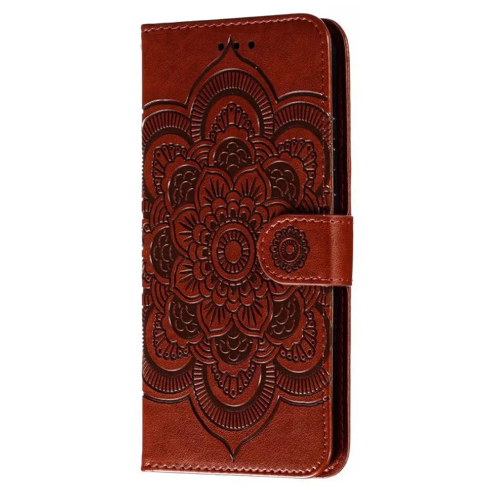 For Samsung Galaxy S24 FE Case PU Leather Mandala Imprinted Design Wallet Phone Cover - Brown - 6