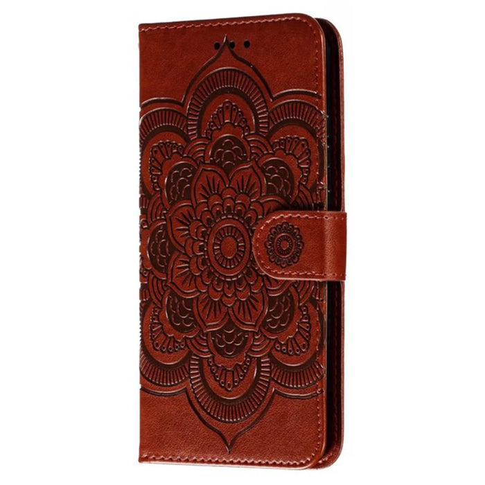 For Samsung Galaxy S23 FE Case PU Leather Mandala Imprinted Design Wallet Phone Cover - Brown - 6