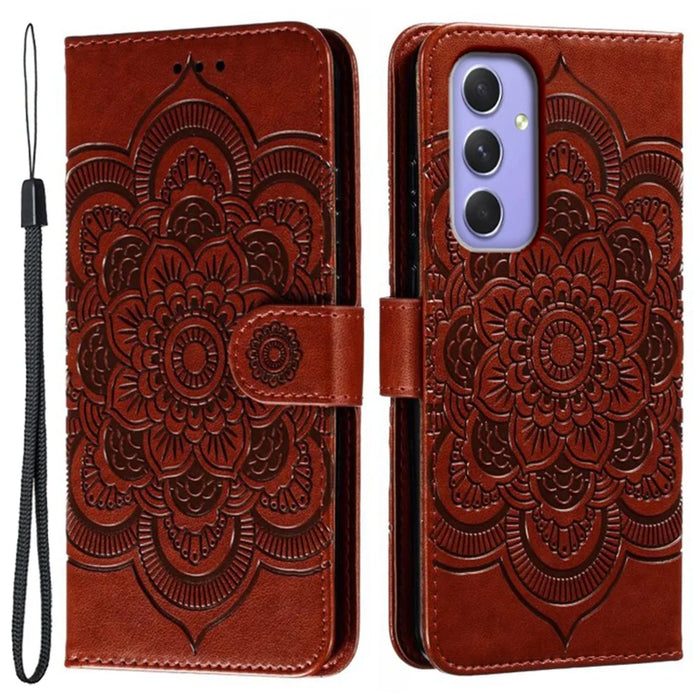 For Samsung Galaxy S25 / S24 Case PU Leather Mandala Imprinted Design Wallet Phone Cover - Brown - 1