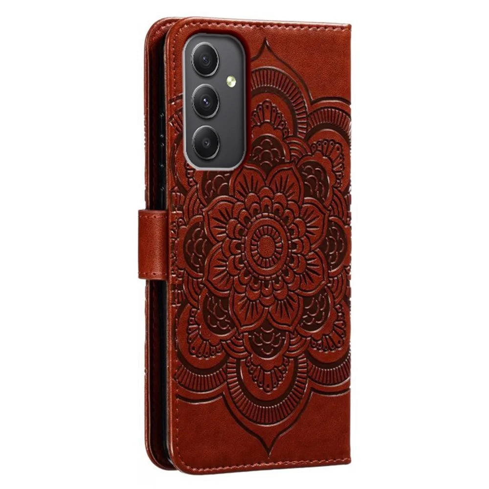 For Samsung Galaxy A35 5G Case PU Leather Mandala Imprinted Design Wallet Phone Cover - Brown - 7