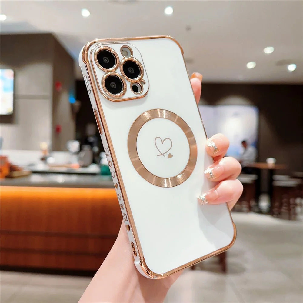 For iPhone 15 Pro Case Compatible with MagSafe Electroplated TPU Phone Cover Hollow Love Hearts - Ivory White - 2