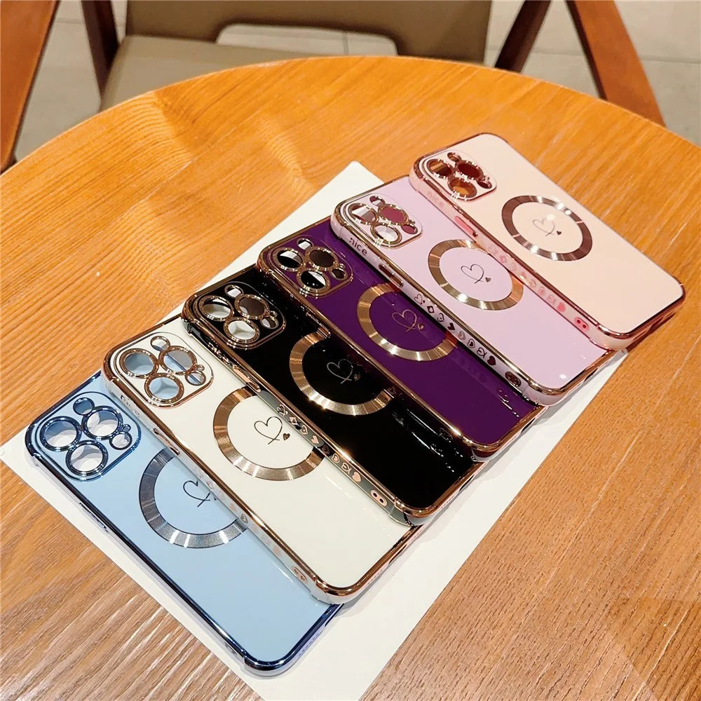 For iPhone 15 Pro Case Compatible with MagSafe Electroplated TPU Phone Cover Hollow Love Hearts - Ivory White - 6