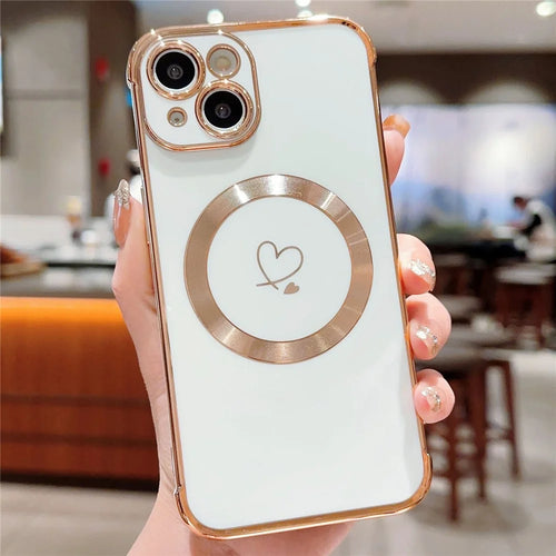 For iPhone 15 Case Compatible with MagSafe Electroplated TPU Phone Cover Hollow Love Hearts - Ivory White - 1