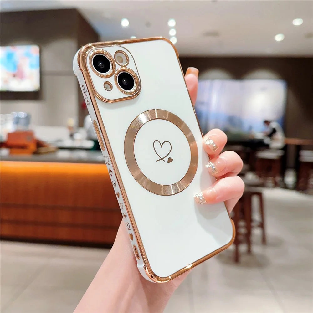 For iPhone 15 Case Compatible with MagSafe Electroplated TPU Phone Cover Hollow Love Hearts - Ivory White - 2