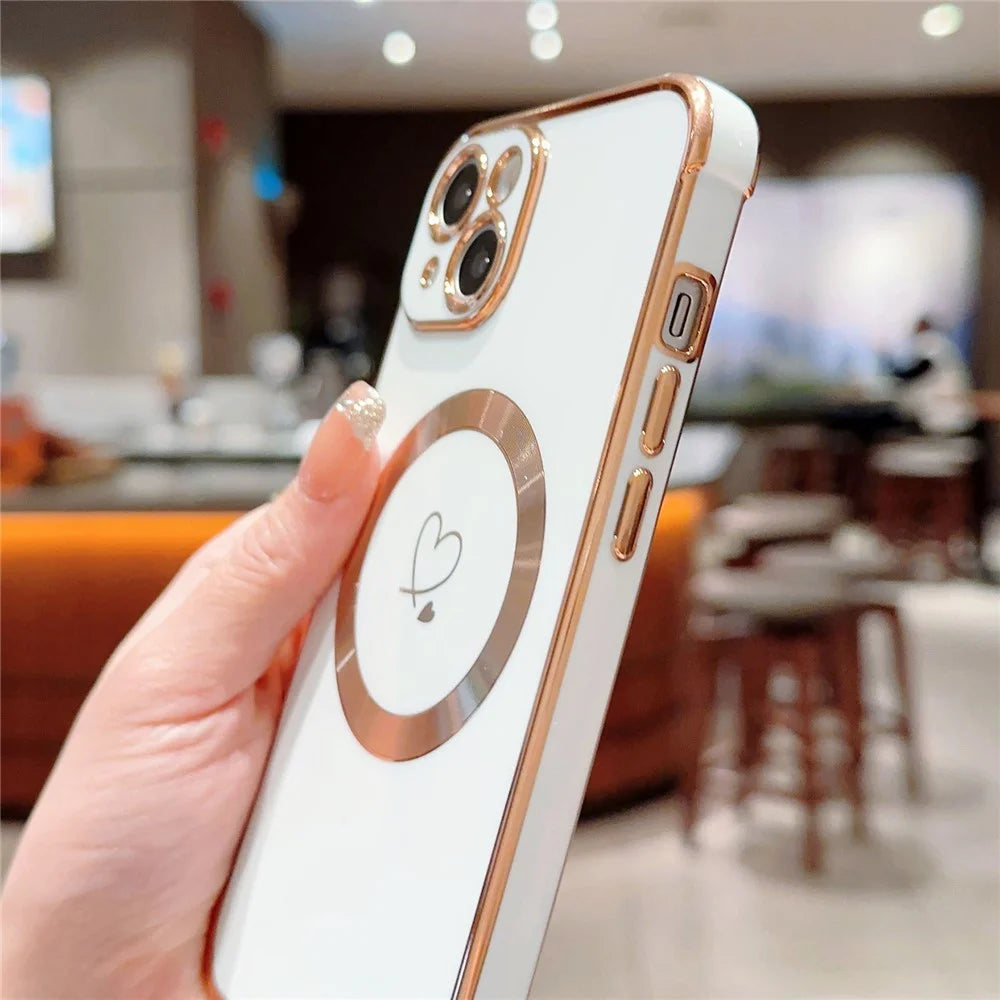 For iPhone 15 Plus Case Compatible with MagSafe Electroplated TPU Phone Cover Hollow Love Hearts - Ivory White - 3