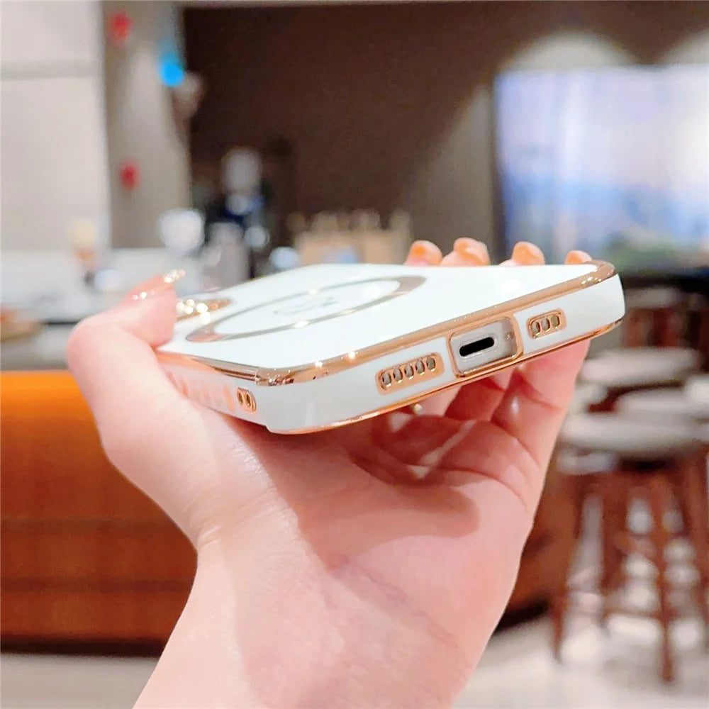 For iPhone 15 Plus Case Compatible with MagSafe Electroplated TPU Phone Cover Hollow Love Hearts - Ivory White - 4