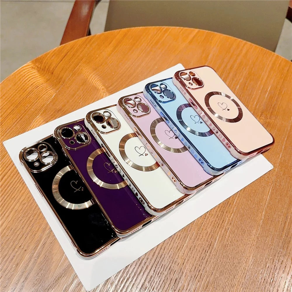 For iPhone 15 Plus Case Compatible with MagSafe Electroplated TPU Phone Cover Hollow Love Hearts - Ivory White - 6