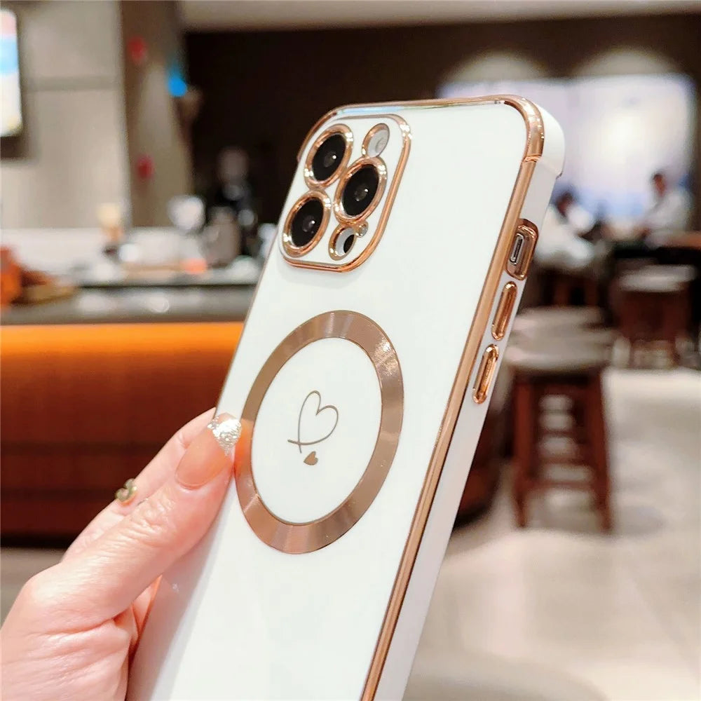 For iPhone 14 Pro Case Compatible with MagSafe Electroplated TPU Phone Cover Hollow Love Hearts - Ivory White - 3