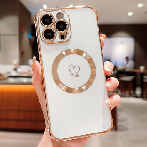 For iPhone 13 Pro Max Case Compatible with MagSafe Electroplated TPU Phone Cover Hollow Love Hearts - Ivory White - 1