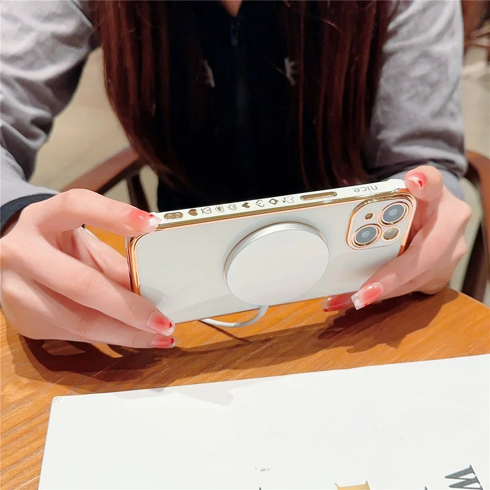 For iPhone 14 Case Compatible with MagSafe Electroplated TPU Phone Cover Hollow Love Hearts - Ivory White - 5