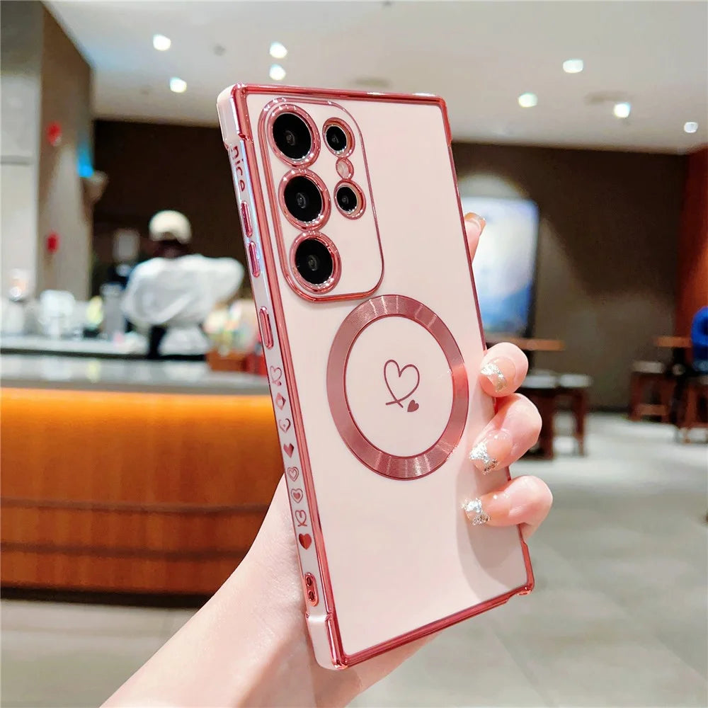For Samsung Galaxy S24 Ultra Magnetic Case Electroplated TPU Phone Cover Hollow Love Hearts - Rose Pink - 2