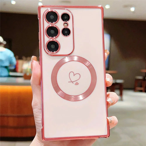 For Samsung Galaxy S23 Ultra Magnetic Case Electroplated TPU Phone Cover Hollow Love Hearts - Rose Pink - 1