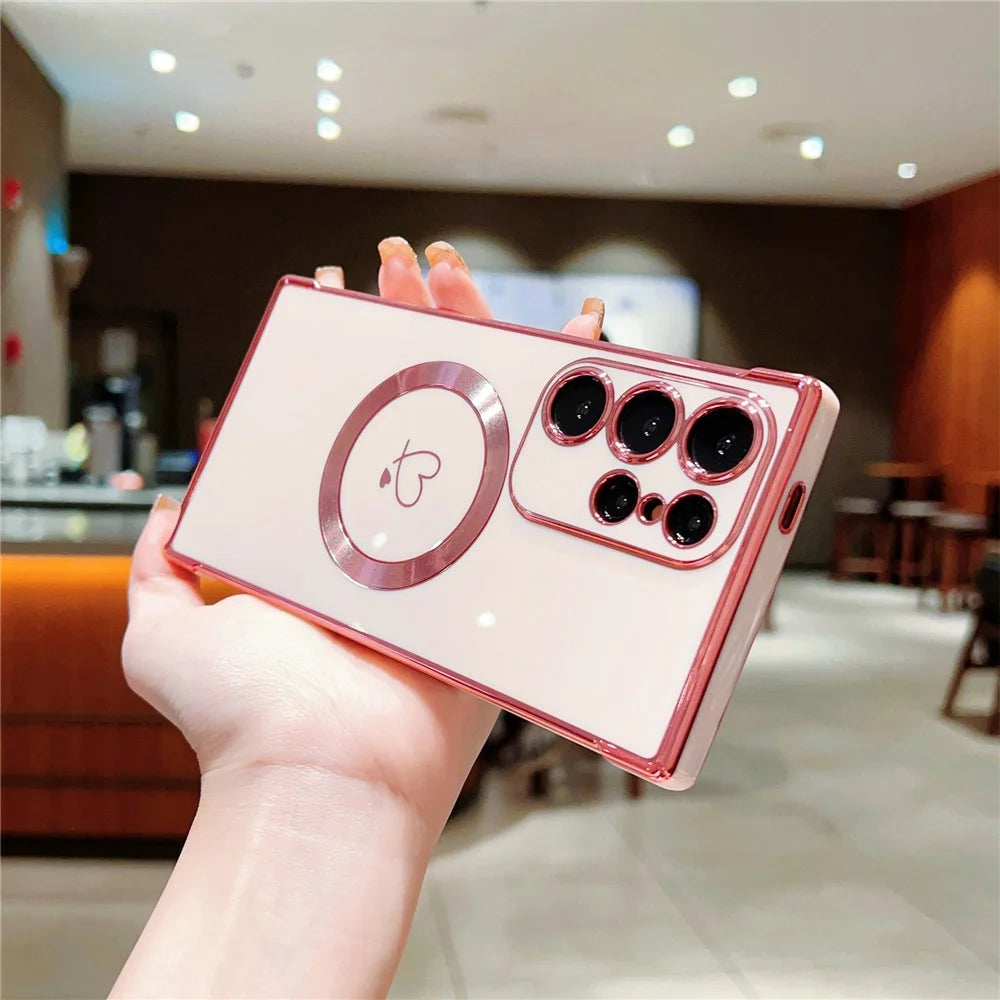 For Samsung Galaxy S23 Ultra Magnetic Case Electroplated TPU Phone Cover Hollow Love Hearts - Rose Pink - 3